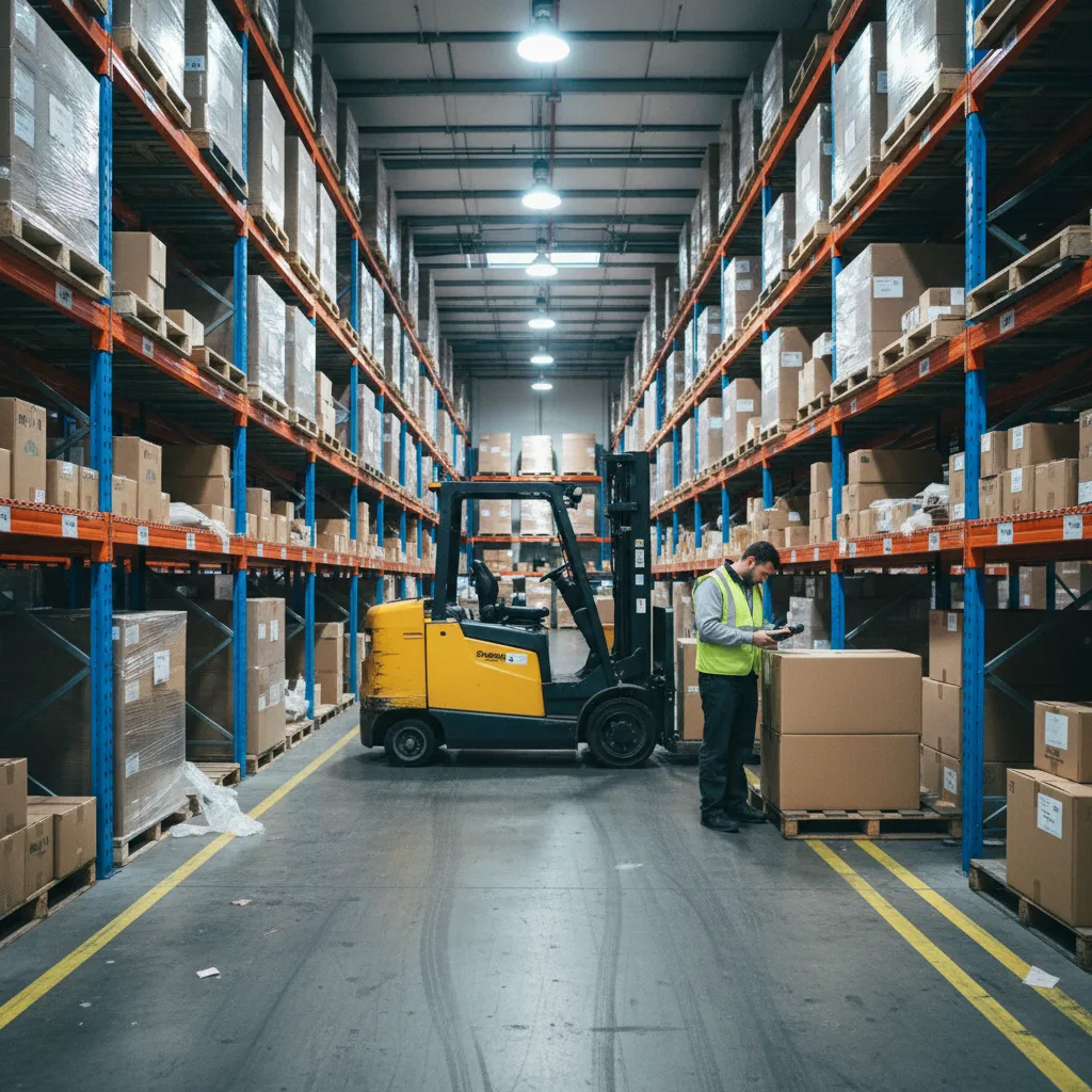 Distribution warehouse aisle with stocked pallet racking