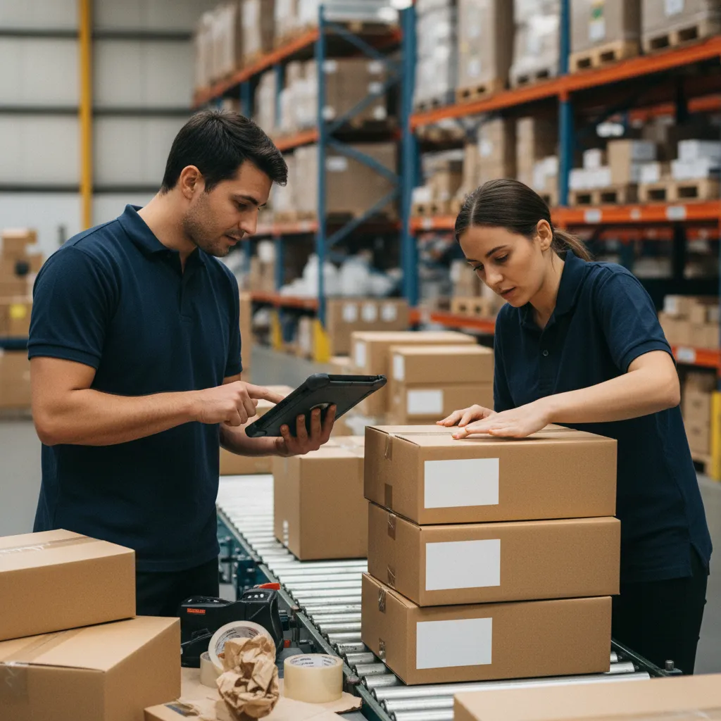 Warehouse team preparing orders at a packing station